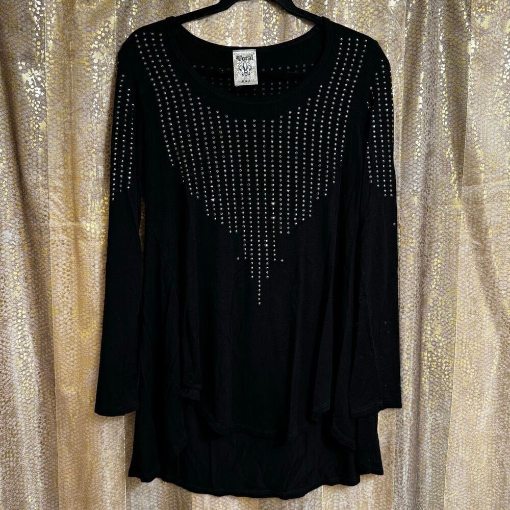 Vocal Apparel Black Stretchy Rhinestone Sparkly Tunic Long Sleeve Top Small